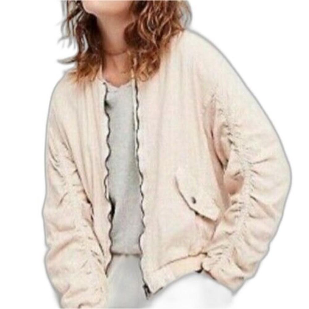 Free People Boho Women Size Medium Pinkish Linen Blend Ruched Zip Front Jacket M